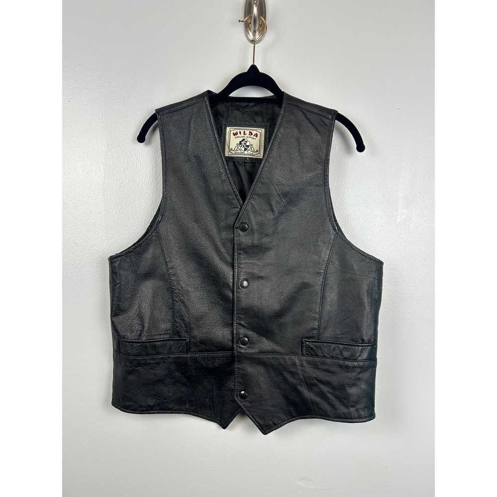 Vintage‎ WILDA Leather Vest Large Black Snap Button Up Motorcycle Biker
